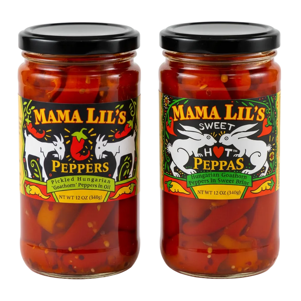 Two glass jars of Mama Lil's pickled peppers, one labeled as 'Mildly Spicy Peppers in Oil' and the other as 'Sweet Hot Peppers in Brine'. Both jars are 12oz and have red peppers visible through the glass.