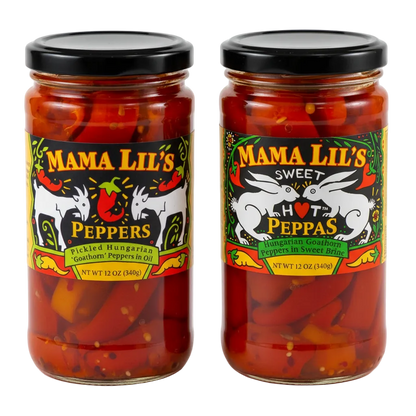 Two glass jars of Mama Lil's pickled peppers, one labeled as 'Mildly Spicy Peppers in Oil' and the other as 'Sweet Hot Peppers in Brine'. Both jars are 12oz and have red peppers visible through the glass.