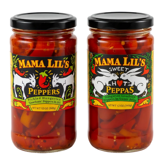 Two glass jars of Mama Lil's pickled peppers, one labeled as 'Mildly Spicy Peppers in Oil' and the other as 'Sweet Hot Peppers in Brine'. Both jars are 12oz and have red peppers visible through the glass.