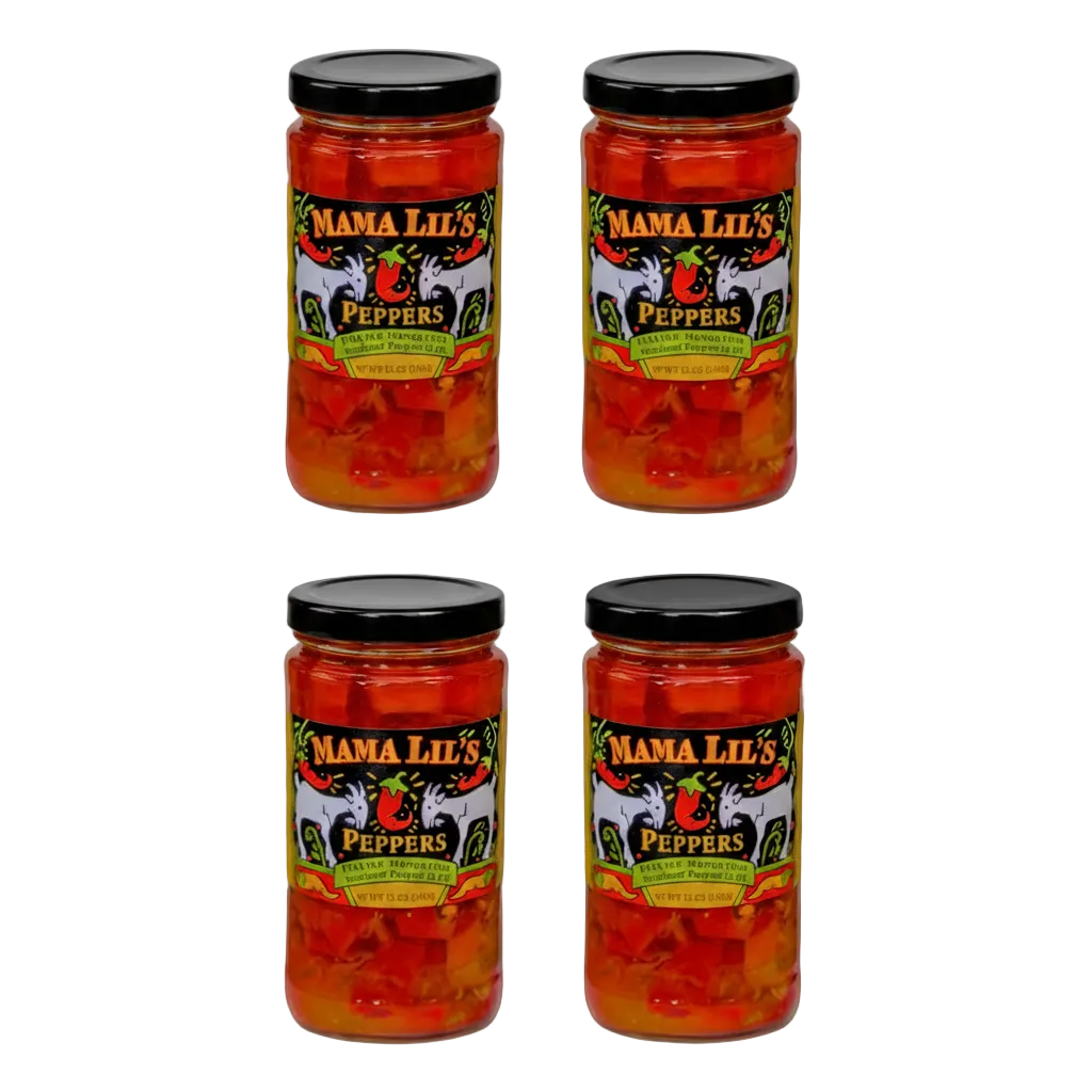 Four jars of Mama Lil's Peppers on a white background