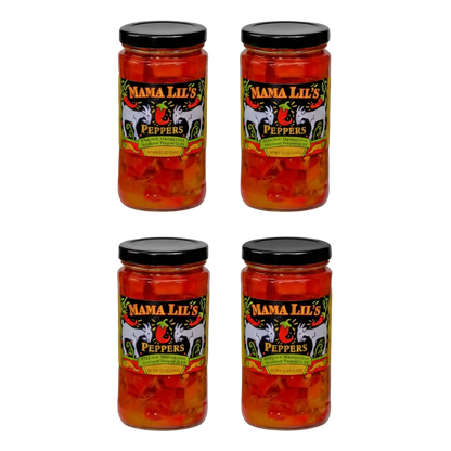 Four jars of Mama Lil's Peppers on a white background