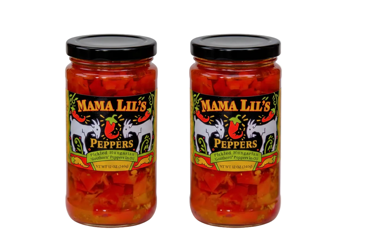 Two jars of Mama Lil's Peppers on a white background