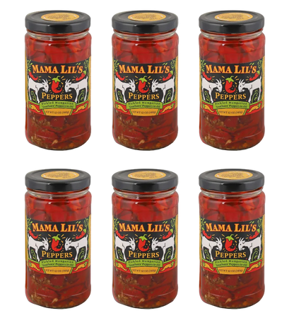 Six jars of Mama Lil's Peppers on a white background