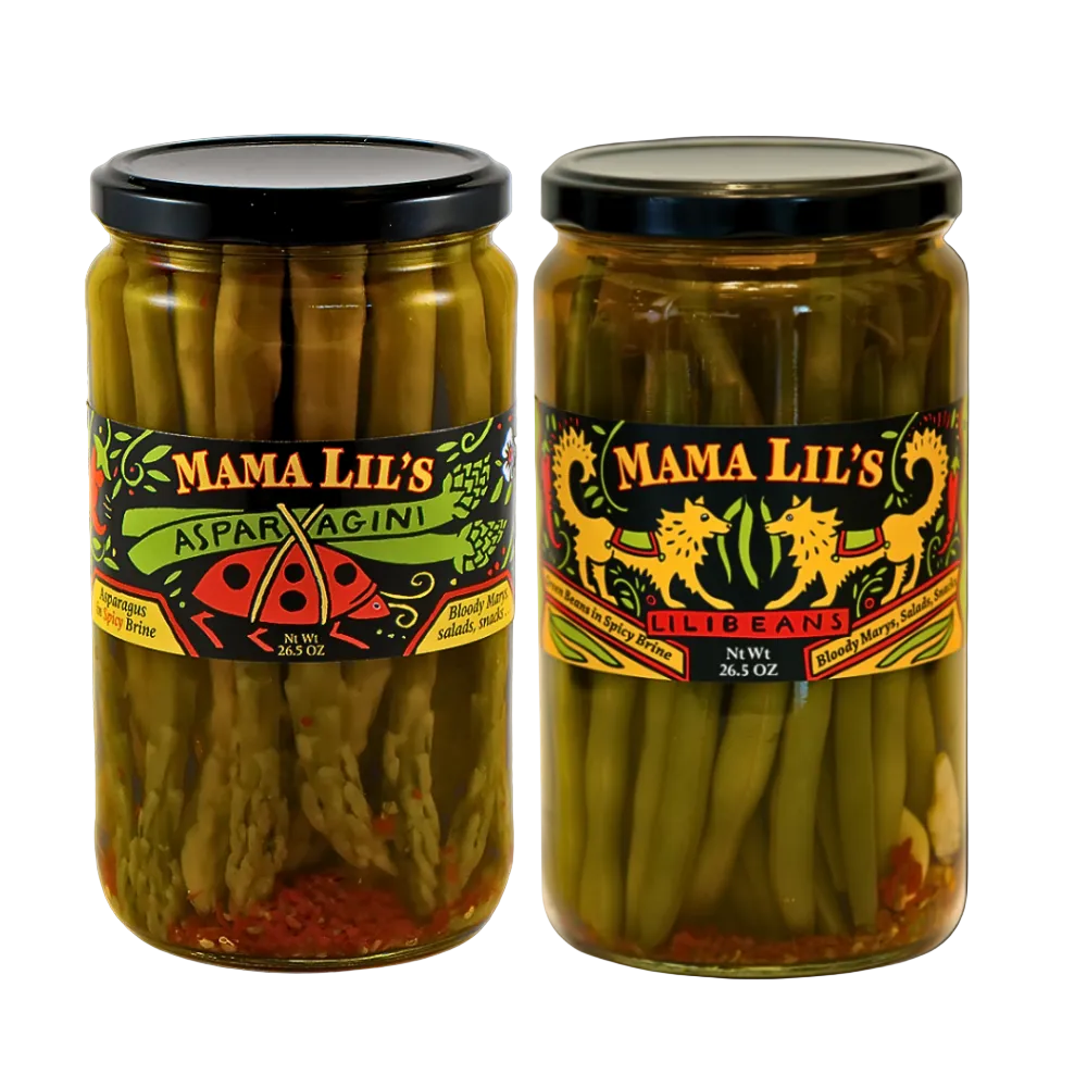 One jar of pickled green beans and one jar of pickled asparagus on a white background