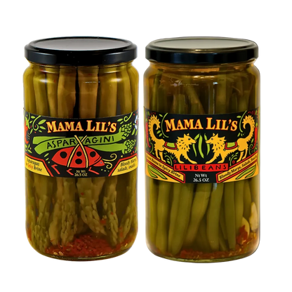 One jar of pickled green beans and one jar of pickled asparagus on a white background