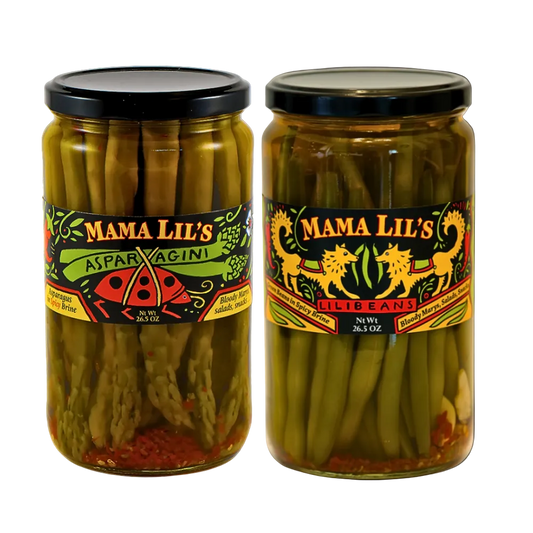 One jar of pickled green beans and one jar of pickled asparagus on a white background