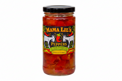 A Jar of Mama Lil's peppers on a white background. 